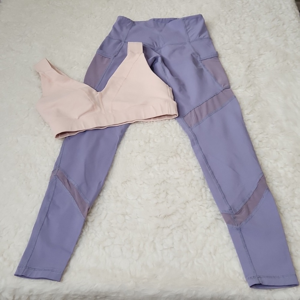 GLYDER Apparel Sculpt Mesh Leggings Size S Lilac and Sports Bra Size M Light Pin